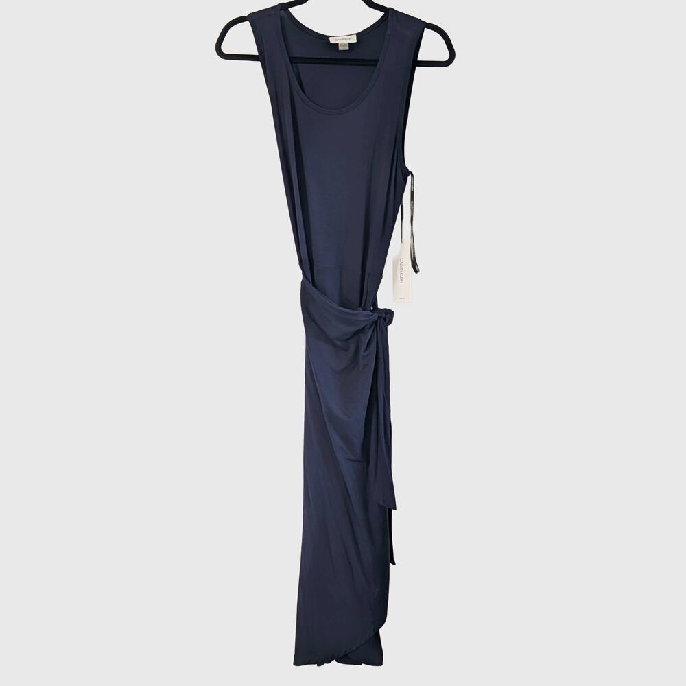 Calvin Klein NEW Navy Midi Sheath Dress 10 Wrap Skirt Stretchy Soft
